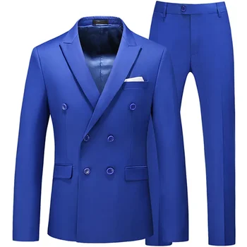 Мъжки ежедневни бутикови бизнес двуреден костюм палто 2 части комплект / мъжки плътен цвят тънък годни блейзъри яке панталони