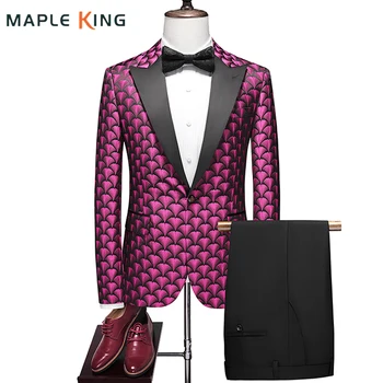 Мъжки костюми комплекти елегантни парти екипировки Blazer Pant 2 броя луксозен един бутон джентълмен жакард яке Homme костюм Mariage