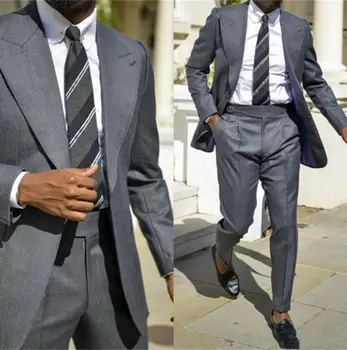 Мъжки персонализиран костюм Gray Men Suits Wedding Business Tuxedos 2 парчета връх ревера редовен годни официален