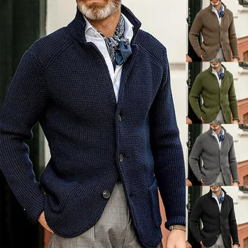 Мъжки пуловер яке тънък костюм стойка яка плетен пуловер 2023 есен и зима нов плътен цвят случайни жилетка джоб мъже