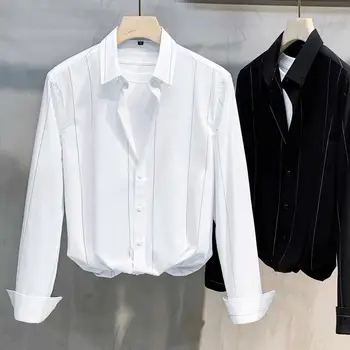 Мъжки ризи с дълъг ръкав поло деколте мъжки еднореден обикновен износване Бизнес офис мода есен зима 2024 Блузи P75