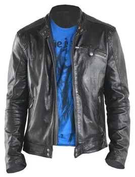 Мъжко кожено яке мотоциклет черно естествено агнешко кожено байкерско яке Палто от естествена кожа