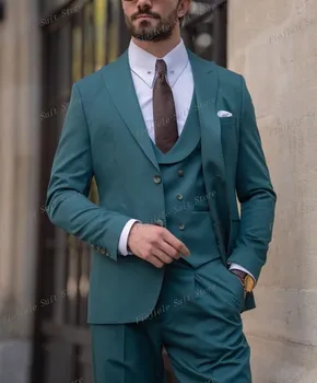 Нов синкав зелен бизнес костюм мъже Tuxedos младоженец младоженец абитуриентски бал сватбено парти официален 3 парче комплект яке жилетка панталони B27