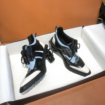 Нова луксозна марка случайни дебели пети висок ток мода улица остър цвят съвпадение къси ботуши жени естествена кожа обувки