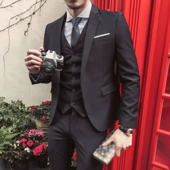 Нова мода твърди костюми за мъже тънък годни шик бизнес причинно-следствена официална младоженец сватба смокинг 3 парче мъжки костюм (блейзър + жилетка + панталони)