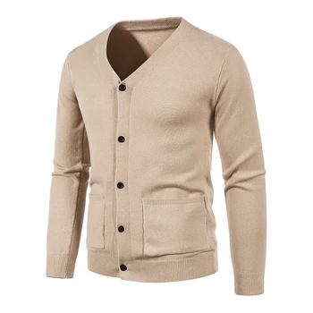 Нова мъжка мода случайни плътен цвят жилетка пуловер яке еднореден джобове мъжки универсален трикотаж яке