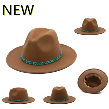 Нова тюркоазена верижка вълнена шапка дамска шапка с широка периферия федора филцова шапка есенна и зимна мъжка панамска джаз шапка