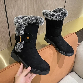 Нови черни дамски ботуши есенно стадо зимни дами мода поддържат топъл цип сняг ботуши обувки бедрото високо велур средата на прасеца ботуши