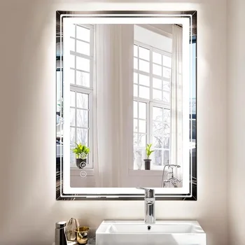 Огледало за баня със светлини 36x28 инчов анти-мъгла устойчив на разбиване стенен монтаж с предно и задно осветено приспособление У дома Товари безплатно