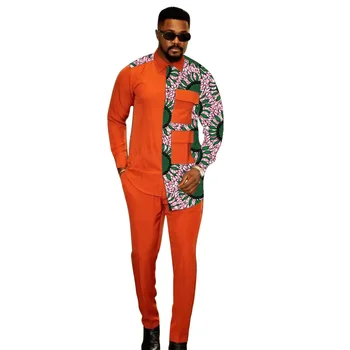 Оранжеви мъжки комплекти асиметричен дизайн пачуърк ризи + твърди панталони африкански сватбени костюми младоженец