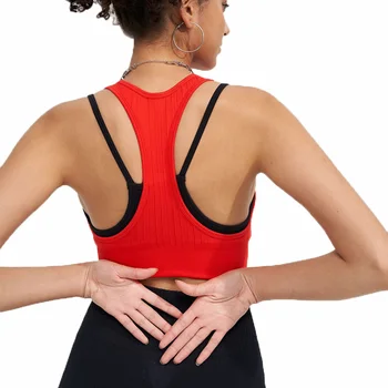 Плътен цвят високо еластична спортна жилетка с подложки врата тренировка йога отгоре резервоар безшевни шок-абсорбиращи фитнес фитнес сутиени за жени