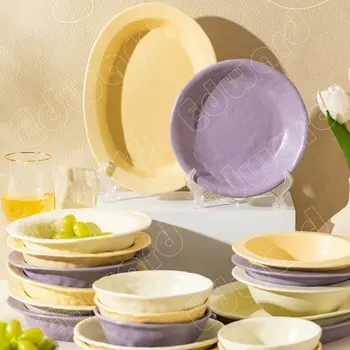 Плътен цвят Керамична чиния за вечеря Ретро стил Керамични чинии Домакински ястия Пържола Паста Десерт Плодова зеленчукова салата Прибори за хранене
