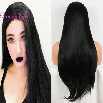 Прав синтетичен 13X4 дантела предни перуки лепило топлоустойчиви влакна коса естествен Hairline средата раздяла за черни жени носят