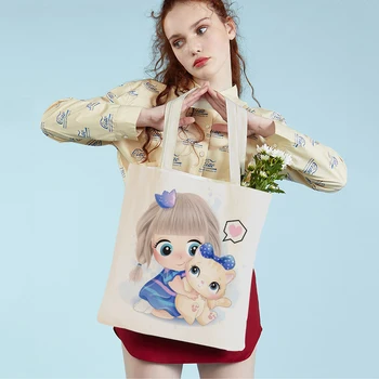 Прекрасен карикатура момиче жени случайни чанта за многократна употреба и двете едностранно печат платно сладък котка животински пазарска чанта пътуване мъкна за деца