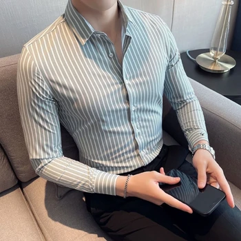 Пролет и лято Мъжки раирани печатни риза с дълъг ръкав POLO яка еднореден бизнес случайни корейски тънък бродерия