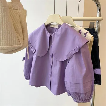 Пролетна риза за момичета 2023 Нов корейски стил детска пролетна риза с дълъг ръкав Бебе момиче Питър Пан яка блуза