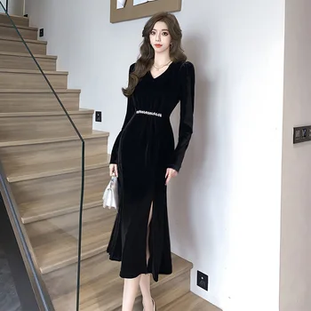 Разширена френска рокля 2023 Пролет и есен Нова чисто черна талия тънък годни стил корейски мода висок клас дизайн рокля
