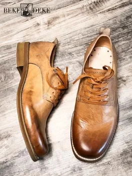 Реколта дизайн квадратни пръсти мъжки дерби обувки офис мъже дантела нагоре естествена кожа бизнес ежедневни рокля обувки телешка ръчно изработени обувки