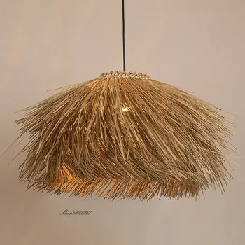 Реколта кафяв ратан висулка лампа минималистичен Wabi Sabi стил полилеи за хол трапезария ресторант декор осветително тяло