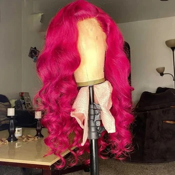 Репички розов цвят тялото вълна предварително оскубани синтетична коса дантела фронтална перука за жени лепило влакна коса прозрачни дантелени перуки