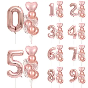 Розово злато 0-9 Голямо фолио Балони за рожден ден Конфети Кръгъл балон с форма на сърце Честит рожден ден Сватбено тържество Декор Душ Globos