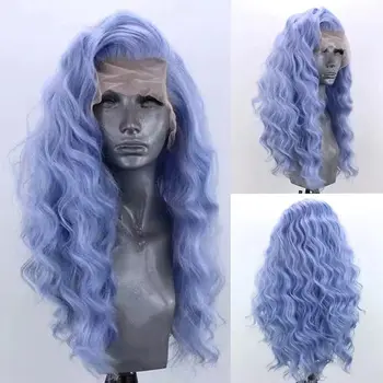 Светло синьо тяло вълна дантела предни перуки за жени дълго светло синьо свободна част естествена линия на косата дантела фронт синтетични косплей перуки
