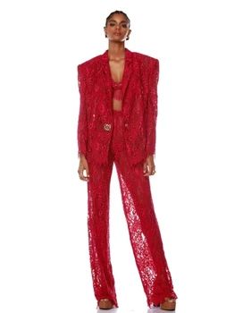 Секси костюм от три части комплект жени роза червена дантела блейзър + сутиен + панталони 3 парче костюми елегантен дълъг ръкав палто костюми вечерно парти