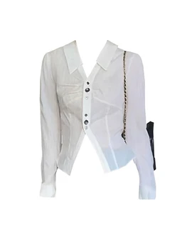 Сладки бели блузи Flare ръкав шик поло яка тънки Crop Top жените пътуват прости ежедневни ризи Shirring Y2k дизайн нова тенденция