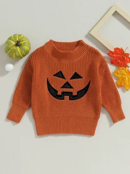 Сладък бебешки плетен пуловер на тема Хелоуин с призрачни призраци и прилепи печат - уютни пуловери с дълъг ръкав за бебета и