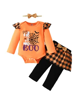 Сладък тиква кръпка Хелоуин бебе момичета костюм комплект с разрошени гащеризон гамаши и лента за глава