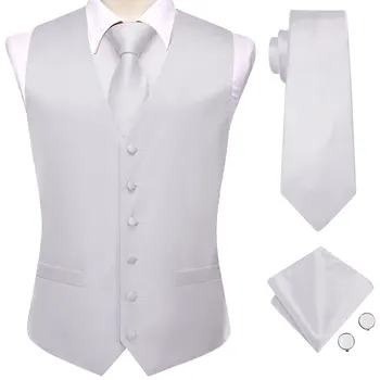 Сребристо бели мъжки жилетки луксозна коприна твърда вратовръзка кърпичка копчета за ръкавели без ръкави костюм жилетка комплект бизнес дизайнер Hi-Tie