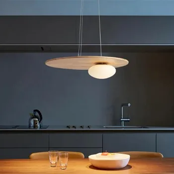 Стъклени висулки светлини Скандинавски дървен полилей за хол Кухня Декорация на маса Трапезария Японска светлина