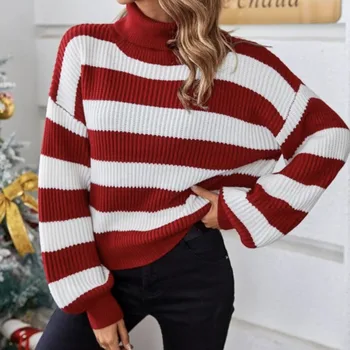 Топъл мек коледен пуловер есен зима контрастни ивици случайни високо деколте мързелив стил универсален тънък удебелен вътрешен слой отгоре