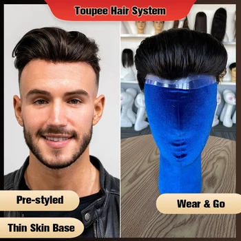 Тънка кожа Мъже Toupee Pre Styled Slicked Back 0.04mm 0.06mm Човешка коса Мъже перука Системи за подмяна на косата Коса Piece Protesis Male