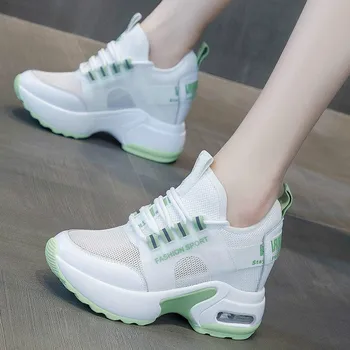 Увеличена мрежа мода жени ежедневни обувки бяла дантела нагоре плитки дами гумени ежедневни маратонки женски плоски обувки платформа