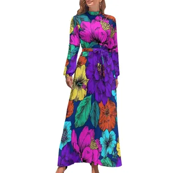Цветна рокля на цветя Hibiscis печат секси макси рокля стилен плаж дълги рокли високо деколте потребителски вестидос