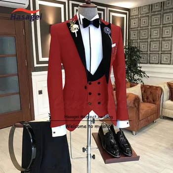 Червен мъжки официален костюм от три части сватбен смокинг на младоженеца Peaked яка дизайн блейзър за мъже красиви дрехи