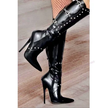 Черен матов кожен нит Strappy ботуши коляното високо заострени пръсти обувки за жени тънки обувки на високи токчета 2023 Zapatos para mujere