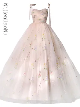 шампанско Quinceanera рокли мода спагети каишка етаж дължина топка рокля рокля сладък бродирани малки цветя абитуриентски рокли